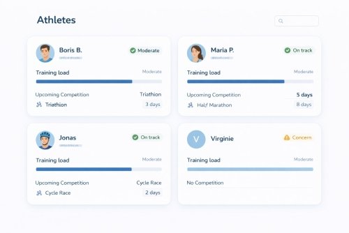 tableau de bord multi-athlètes avec suivi entraînement et compétitions