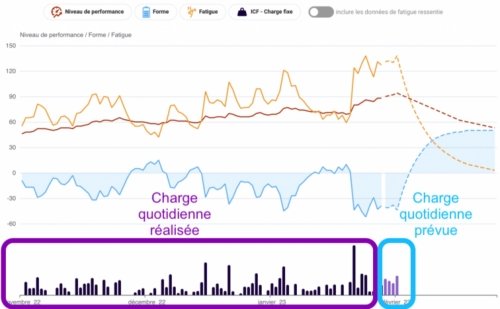 Courbe suivi Forme, fatiigue et niveau de performance tableau de bord suivi charge entraînement coach athlète
